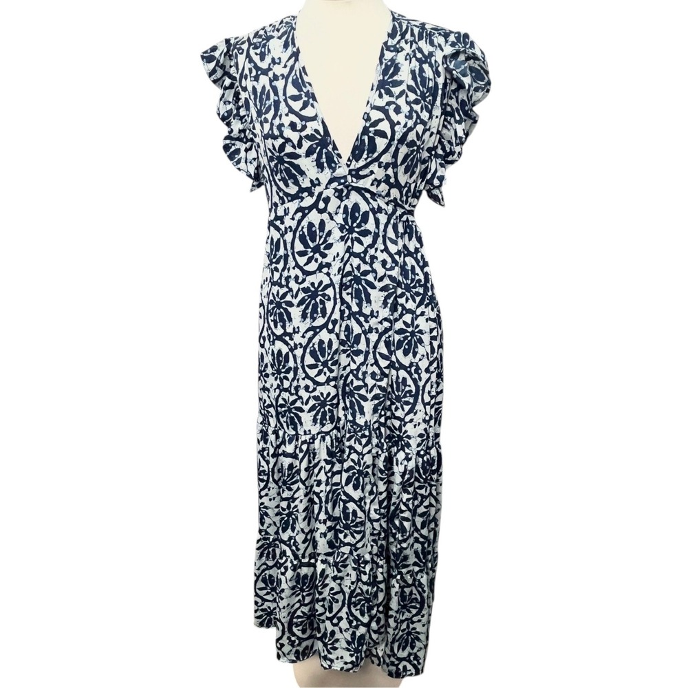 Paani Luv Womens Blue White Batik‎ Floral Ruffle Sleeve Tiered Wrap Midi Dress M